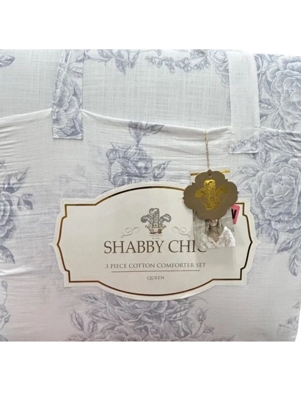 Shabby Chic Blue and White Floral Cotton Queen Comforter Set 90”x90”